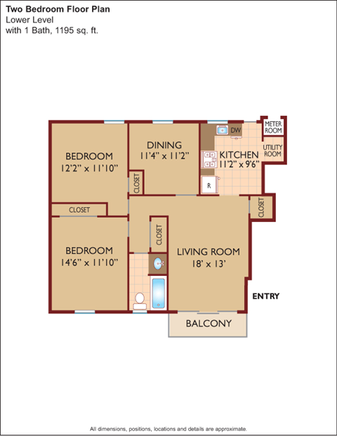 Floor plan for 2 beds, 1 bath, 1195 sqft